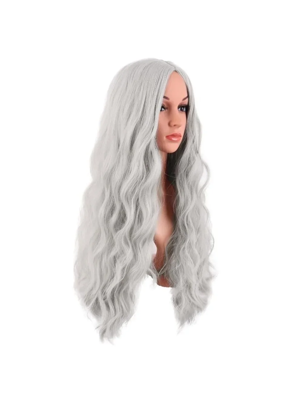 Women's Silver 28 Inch Synthetic Fiber Long Middle Part Curly Cosplay Wigs